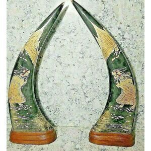 Carved Water Buffalo Horns with Oriental Dragons on Wood VINTAGE Pair 14" Long‎